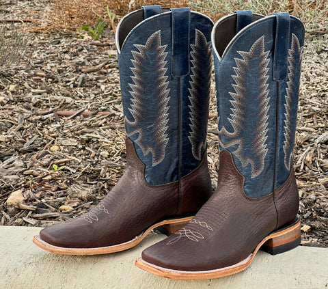 Mens Brown Bull Neck Leather Boots With Blue Shaft