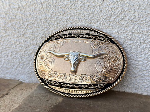 Black and Gold Plated Buckle With Longhorn