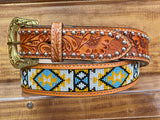 Cognac Hand-Tooled Artesanal Tabs With Silver Studs Blue & Yellow Beaded Leather Belt
