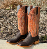 Mens Brown Pull Leather Boots With Orange Shaft