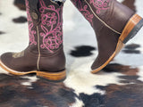 Women’s Dark Brown Leather Boots With Pink Embroidery-Square Toe
