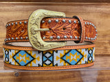Cognac Hand-Tooled Artesanal Tabs With Silver Studs Blue & Yellow Beaded Leather Belt