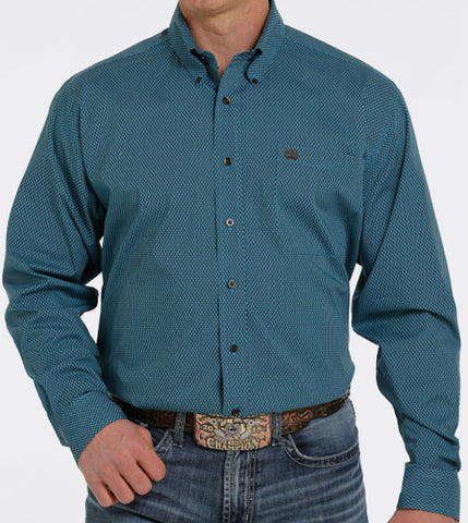 Men’s Cinch Blue With Dark Brown Stretch Long Sleeve Shirt