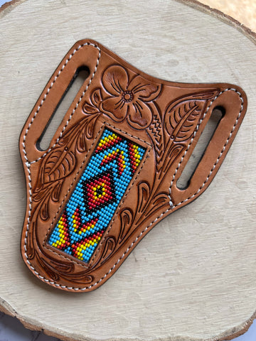 Honey Hand-Tooled With Turquoise,Yellow and Red Beaded Knife Sheath