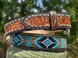 Tan Hand-Tooled Artesanal Tabs With Silver Studs. Multi Color Beaded Leather Belt.