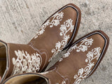 Women’s Honey Leather Boots With White Floral Embroidery