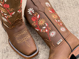 Women’s Brown Leather Boots With Floral Shaft- Rodeo Toe
