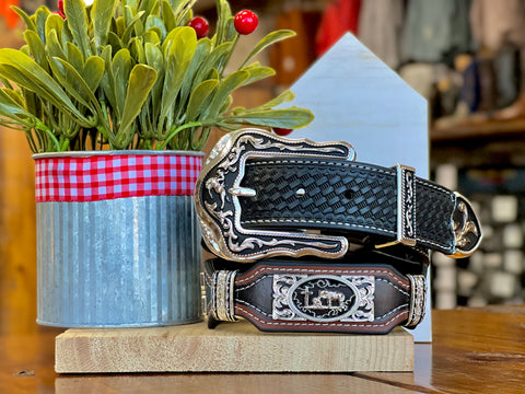 Men’s Black and Brown Leather Belt With Praying Cowboy Concho