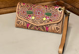 Honey Hand-Tooled Wallet With Pink Inlay