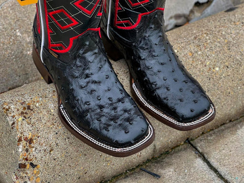 Men’s Black Ostrich Leather Boots With Black / Red Embroidery Shaft