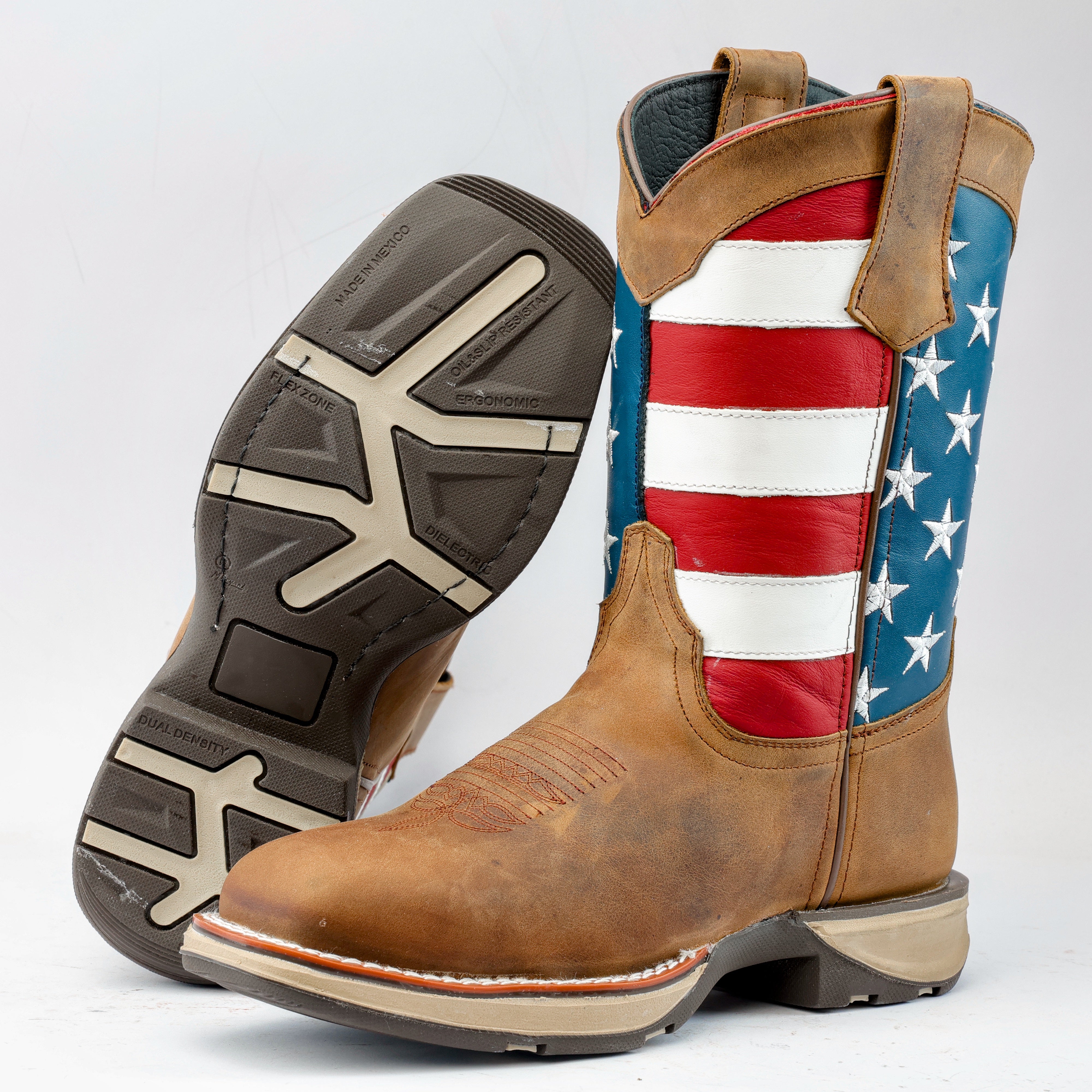 Tan Whiskey USA Flag Leather Work Boots - Composite Toe – Texas
