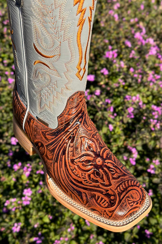 Men’s Cognac  Hand-Tooled Leather Boots With Grey Shaft