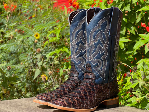 Men’s Brown Python Leather Boots With Blue Shaft