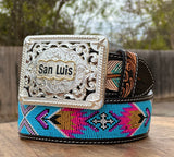 Hand-Tooled Artesanal Tabs With Blue and Pink Beaded Leather Belt