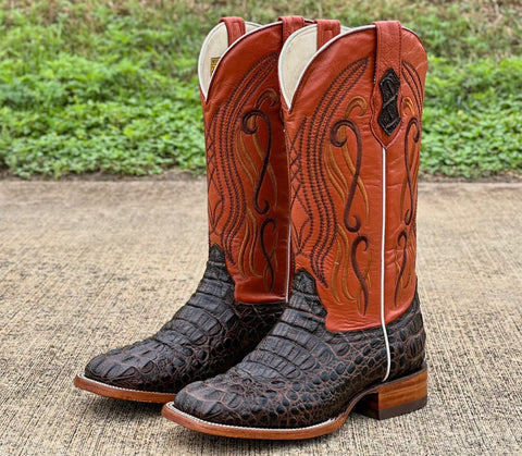 Men’s Dark Brown Crocodile Leather Boots With Orange Shaft