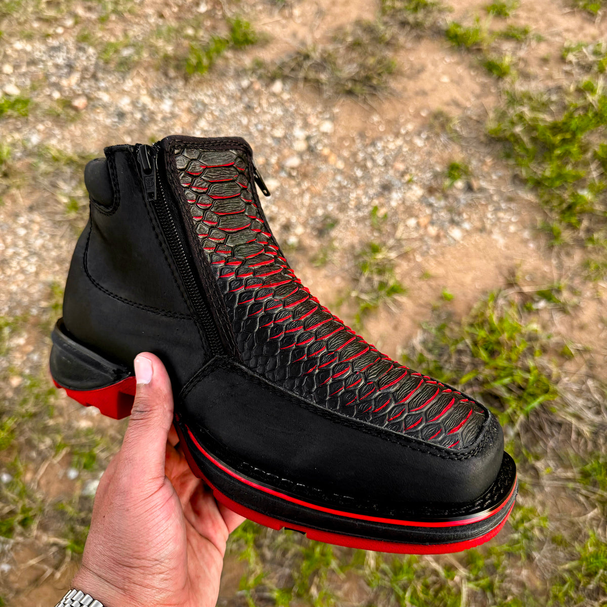 Black/Red Python Leather Botin With 3D Lightweight Soles - Square Toe ...