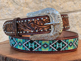 Honey Hand-Tooled Leather Artesanal Tabs With Silver Studs Green & White Beaded Belt