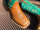 Men’s Orange Pull Up Genuine Leather Boots With Green Shaft