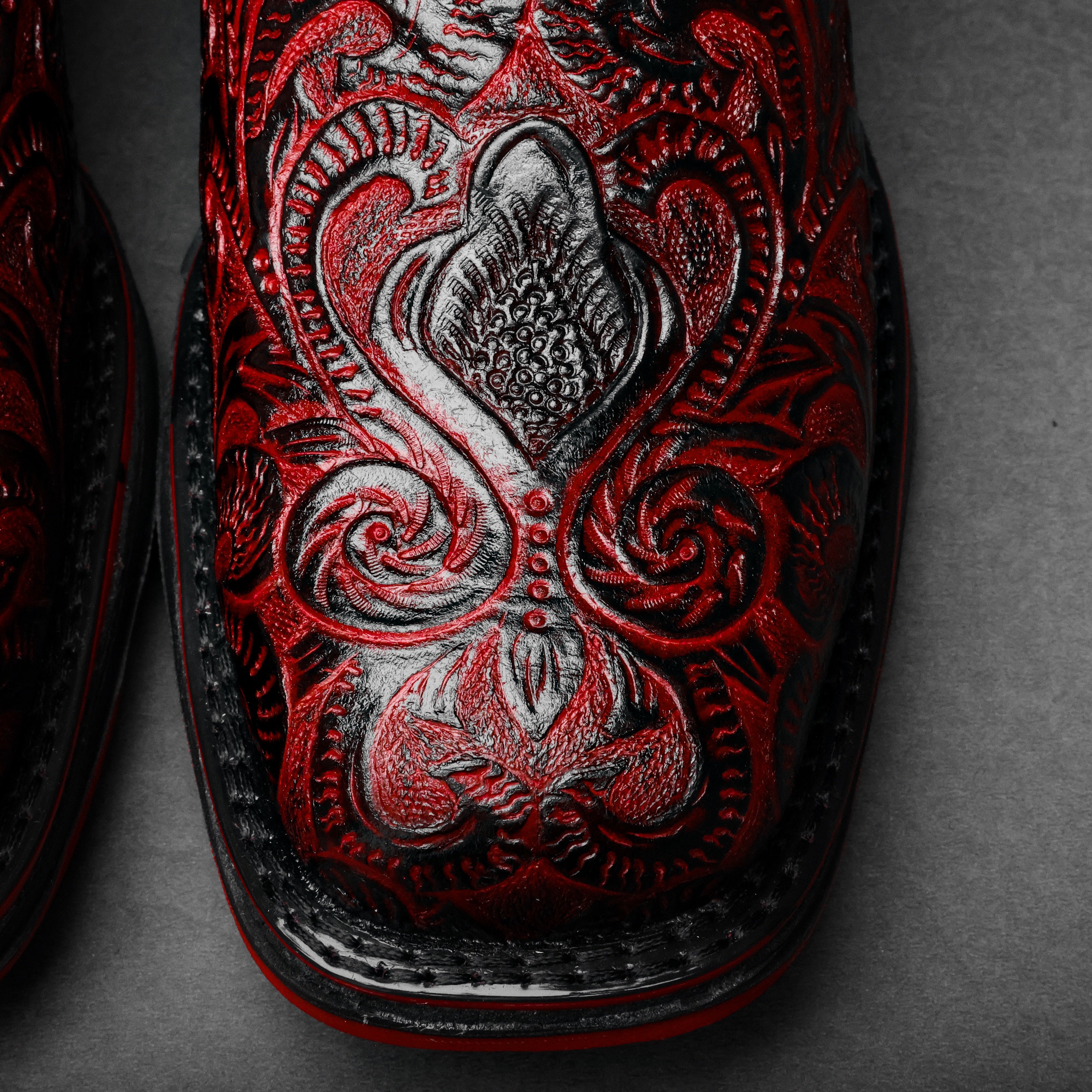 Black Cherry Hand-Tooled Leather Boots With 3D Lightweight Sole