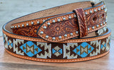 Cognac Hand-Tooled Artesanal Tabs With Silver Studs Brown and Turquoise Beaded Leather Belts