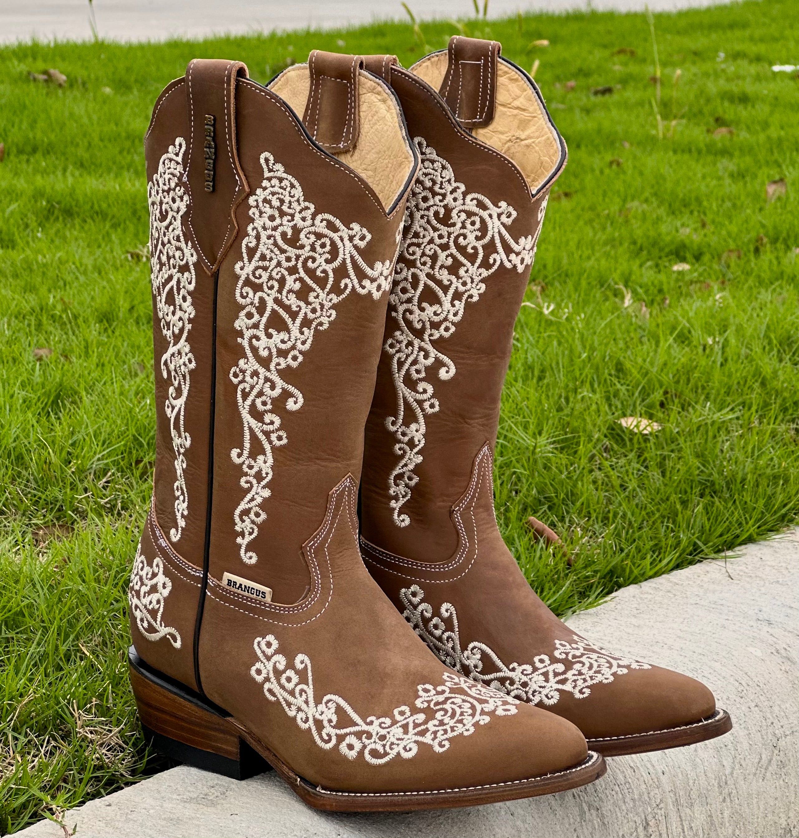 Women s Light Brown Leather Boots with Floral Embroidery 6