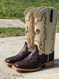 Men’s Brown Hand-Tooled Leather Boots With Rooster/Cream Shaft