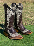 Women’s Rustic Brown Leather Boots With White Floral Embroidery-Snip Toe