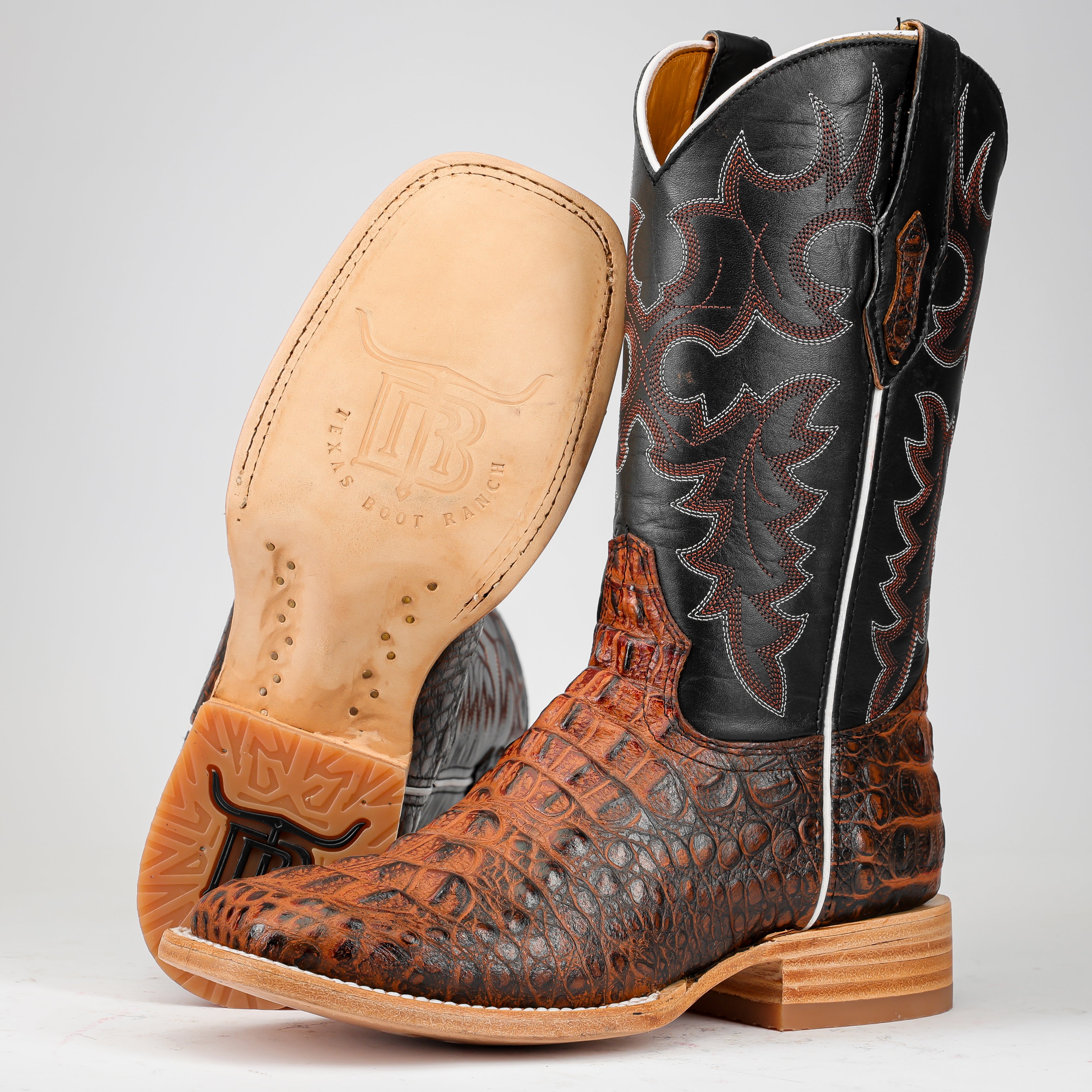 Two-Tone Cognac Caiman Neck Leather Boots - Square Toe – Texas