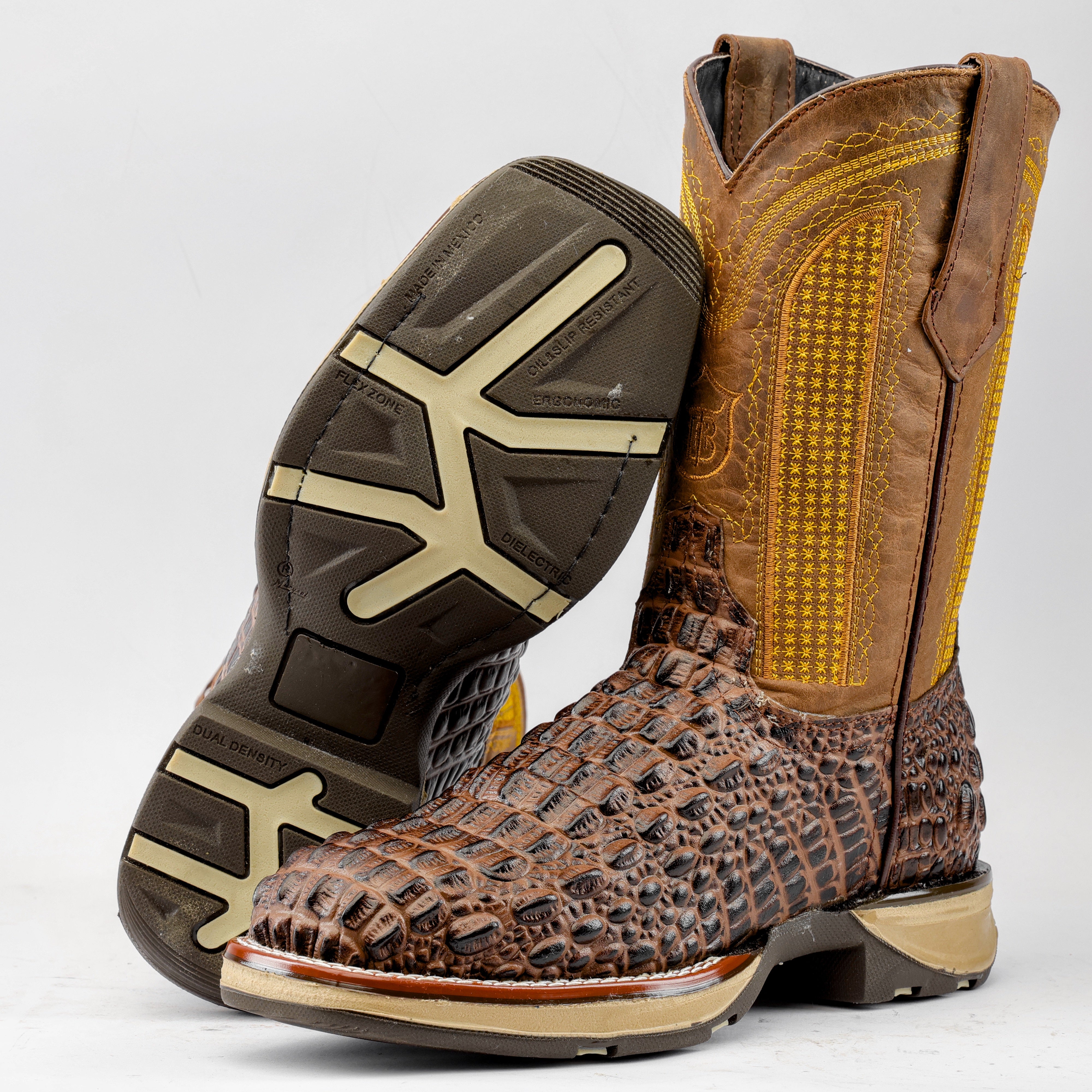 Brown Caiman Hornback Leather Boots With 3D Lightweight Sole