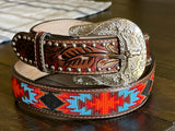 Brown Hand-Tooled Artesanal Tabs With Silver Studs Blue & Red Beaded Leather Belt
