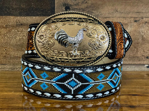 Hand-Tooled Artesanal Tabs With Blue and Gold Beaded Leather Belt ( Read Description Before Ordering)
