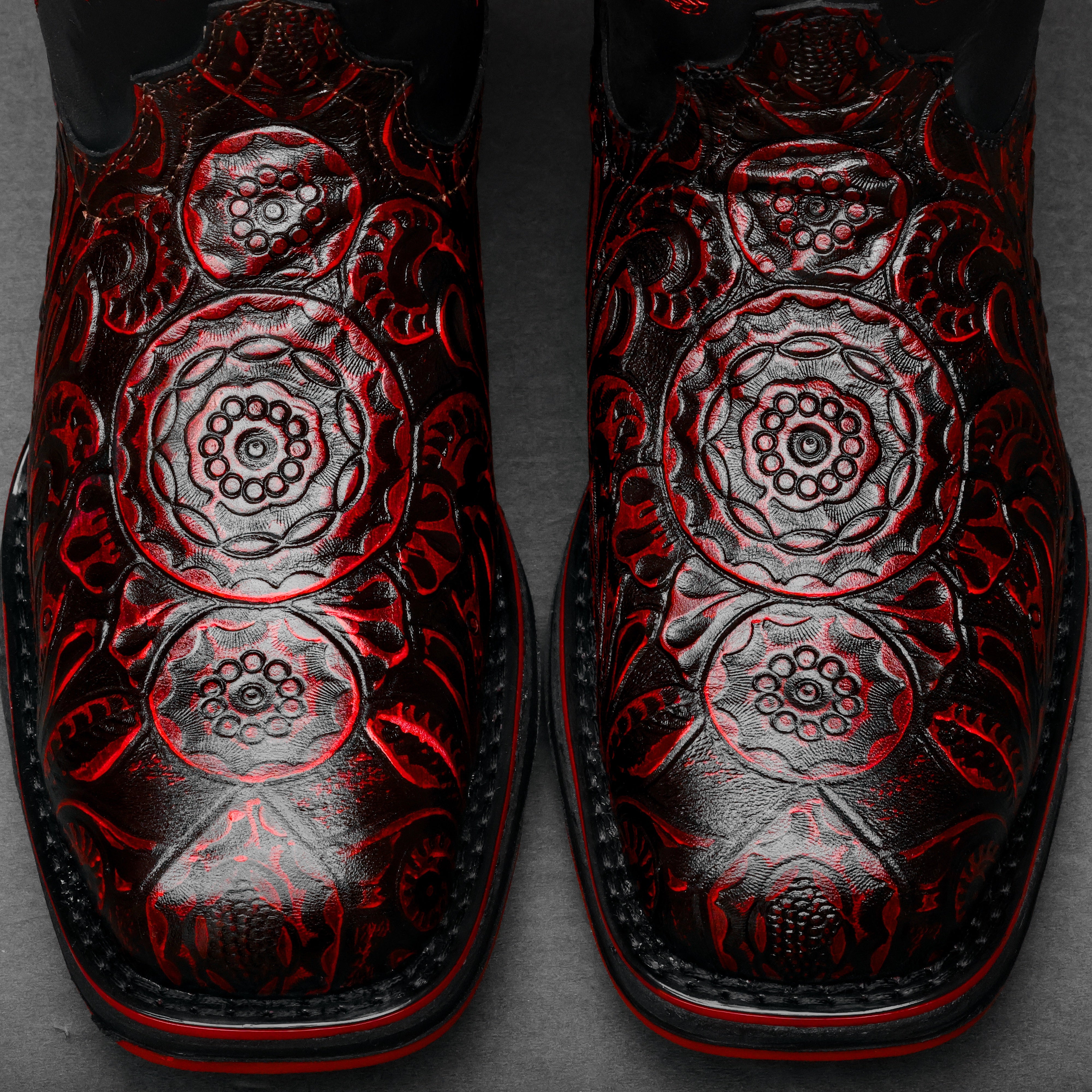 Black Cherry Hand-Tooled Leather Boots With 3D Lightweight Sole