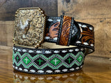 Hand-Tooled Artesanal Tabs With Black and Green Beaded Leather Belt ( Read Description Before Ordering)