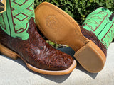 Men’s Brown Hand-Tooled Leather Boots/ Green Shaft-Square Toe