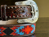Brown Hand-Tooled Artesanal Tabs With Silver Studs Blue & Red Beaded Leather Belt