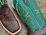 Men’s Brown Hand-Tooled Leather Boots With Green Shaft