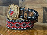 Hand-Tooled Artesanal Tabs With Black and Red Beaded Leather Belt ( Read Description Before Ordering)