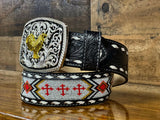 Hand-Tooled Artesanal Tabs With Red and White Beaded Leather Belt ( Read Description Before Ordering)