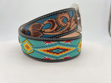 Hand-Tooled Artesanal Tabs With Mint Green and Yellow Beaded Leather Belt