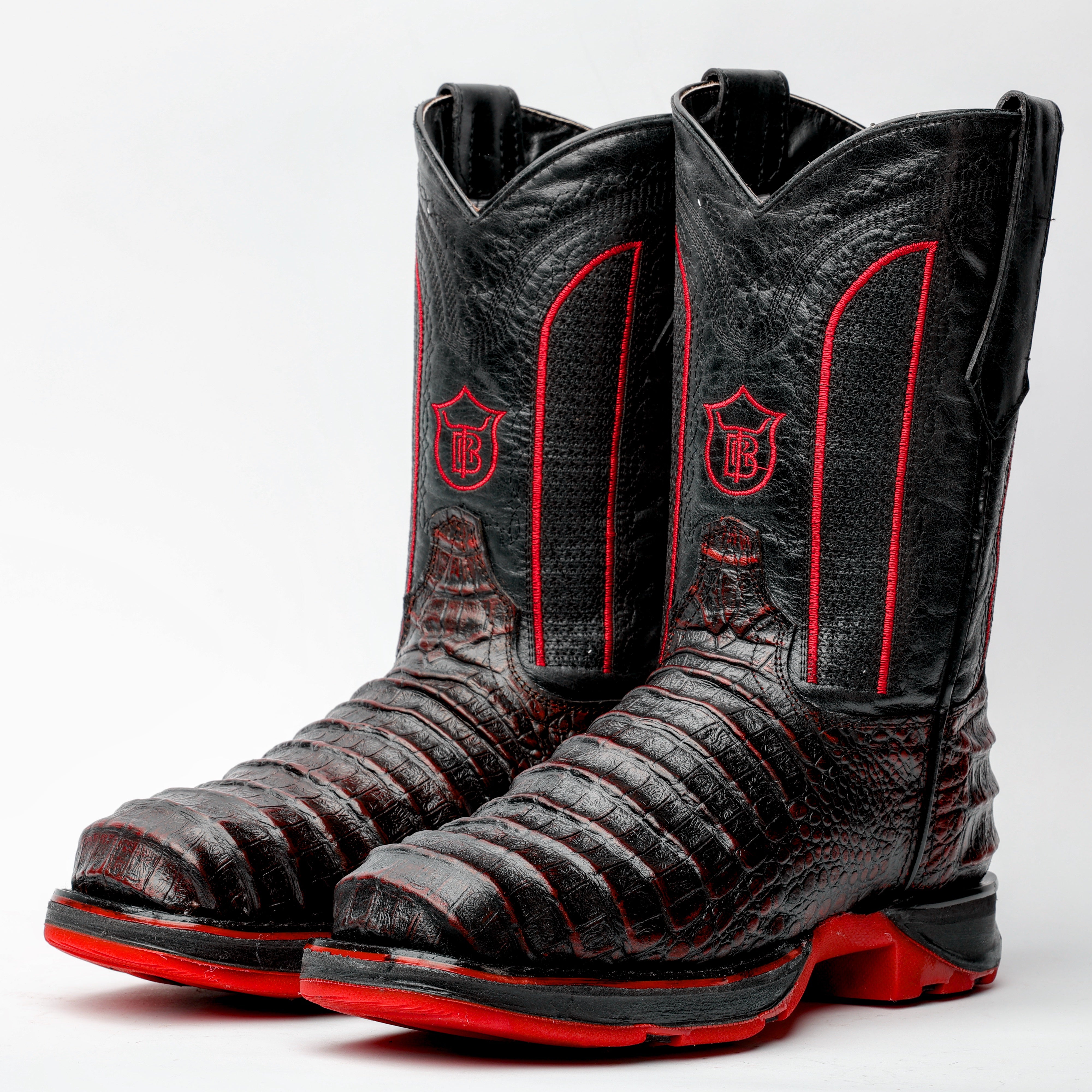 Black Cherry Caiman Belly Leather Boots With 3D Lightweight Sole