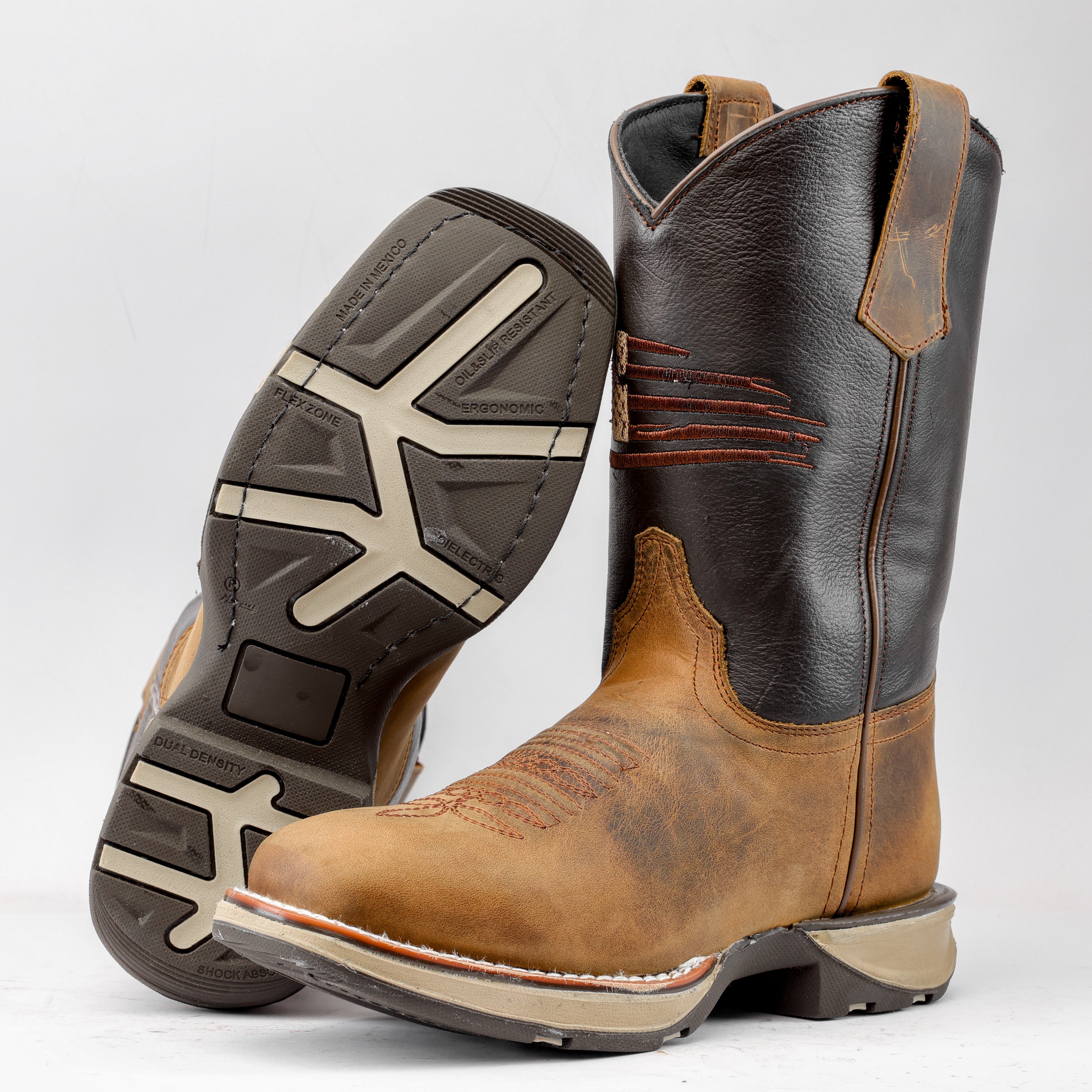 Distressed Brown “American Flag” Leather Work Boots - Square Toe