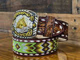 Hand-Tooled Artesanal Tabs With Green and Gold Beaded Leather Belt ( Read Description Before Ordering)