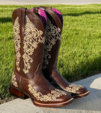 Women’s Brown Leather Boots With Floral Embroidery