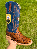 Mens Honey Ostrich Leather Boots With Blue Shaft