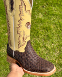 Mens Brown Basket Woven Boots With Cream Shaft