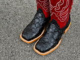 Men’s Black Pirarucu Leather Boots With Red Shaft and White Embroidery