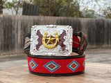Hand-Tooled Artesanal Tabs With Red, Blue, And Yellow Beaded Leather Belt ( Read Description Before Ordering )