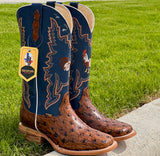 Mens Honey Ostrich Leather Boots With Blue Shaft