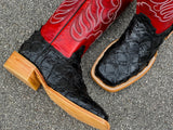 Men’s Black Pirarucu Leather Boots With Red Shaft and White Embroidery