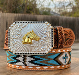Hand-Tooled Artesanal Tabs With Blue  and White Beaded Leather Belt ( Read Description Before Ordering)